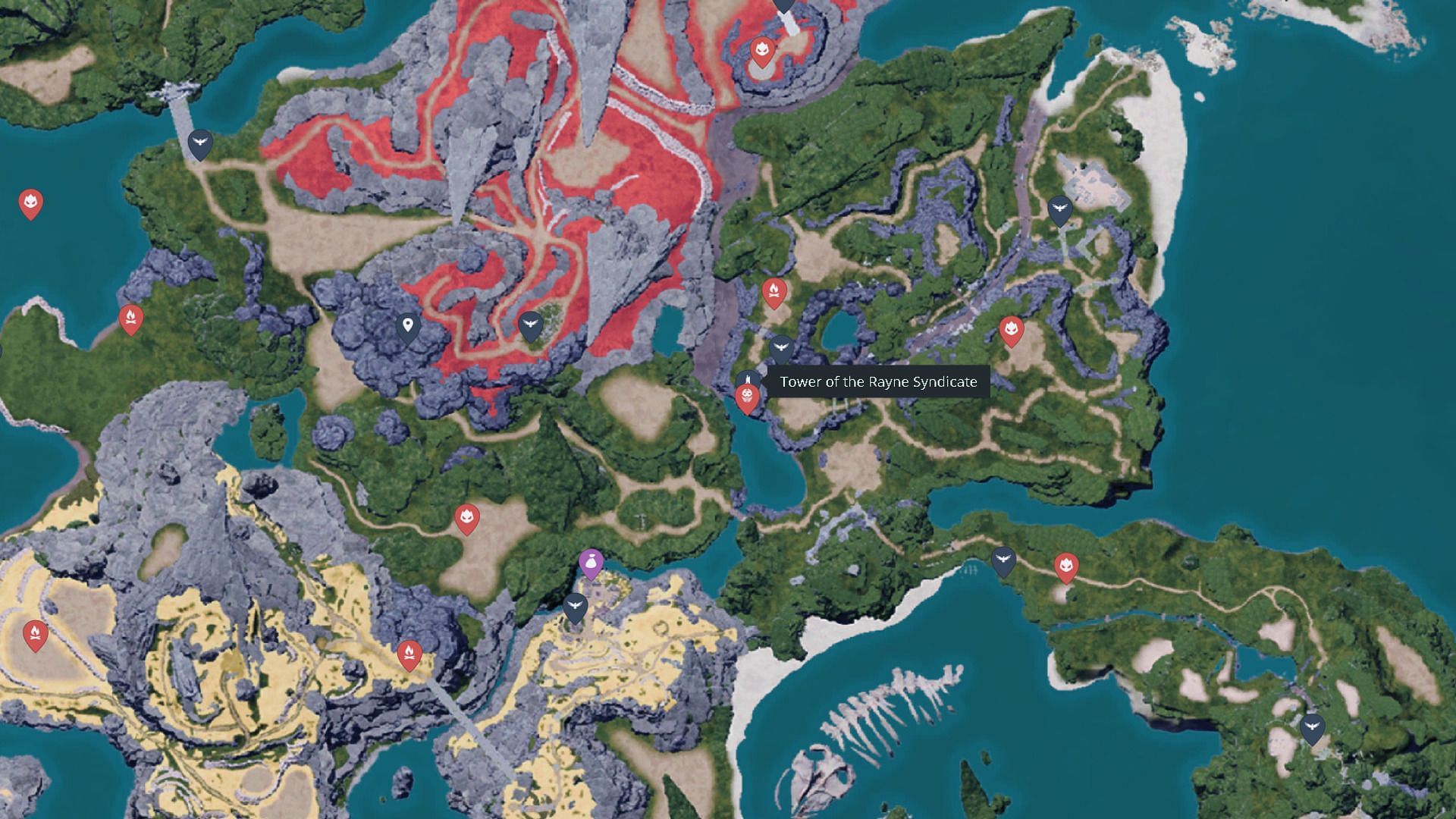 The location of Rayne Syndicate Tower in Palworld (Image via Map Genie/Pocket Pair, Inc./Sportskeeda)